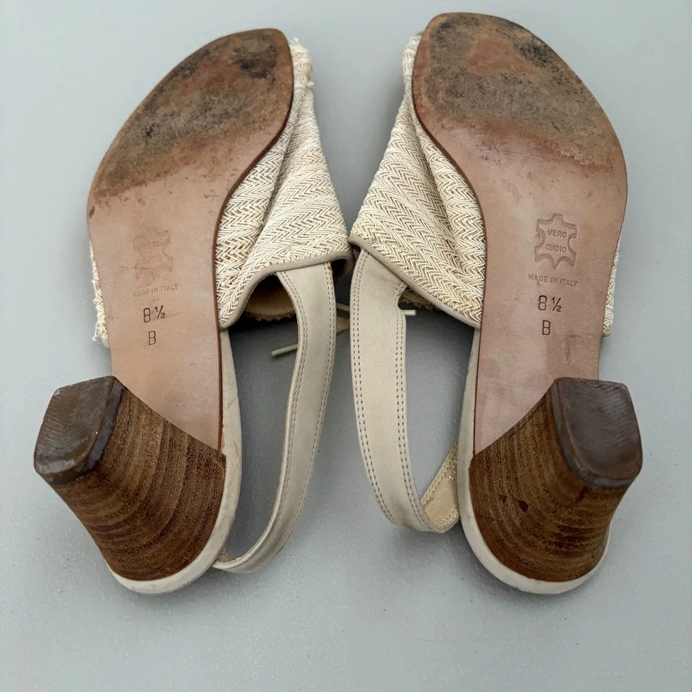 Saks Fifth Avenue Slingback Heels Lace Up Peep Toe Leather Woven Beige -Size 8.5